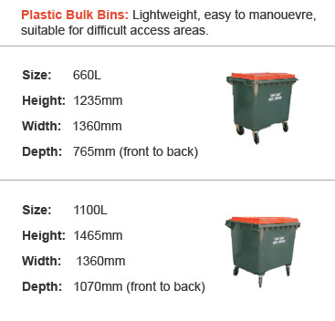 Plastic Bulk Bins: Lightweight, easy to manouevre, suitable for difficult access areas.