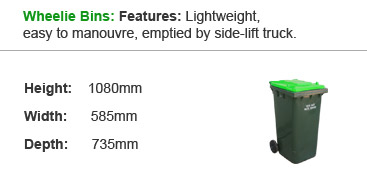 Wheelie Bins: Features: Lightweight, easy to manouvre, emptied by side-lift truck.