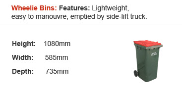 Wheelie Bins : Features: Lightweight, easy to manouvre, emptied by side-lift truck.